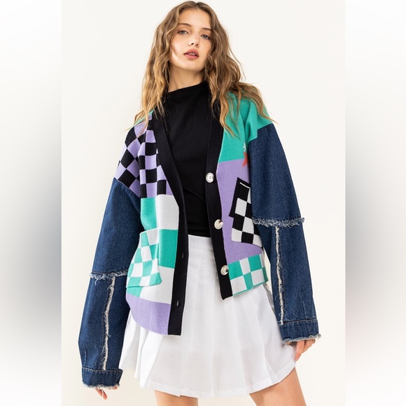 37 Fabulous reckerboard & Denim Patch Work Cardigan - Picture 2 of 8